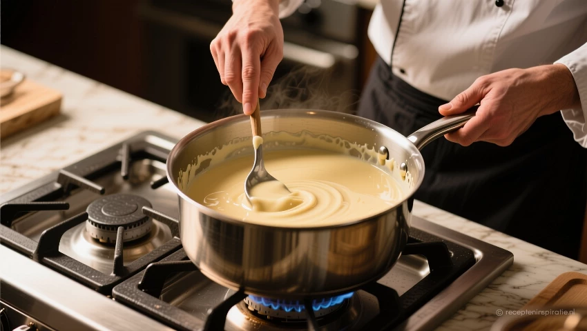 Béchamelsaus wordt in een pan gemaakt op het fornuis.