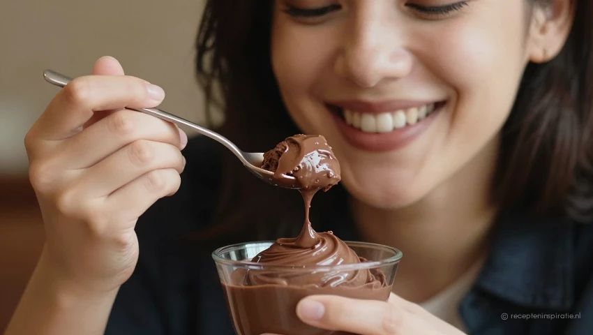 Persoon geniet van chocolademousse.