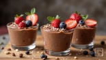 Garnituur chocolademousse met bessen en noten.