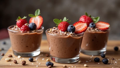 Garnituur chocolademousse met bessen en noten.