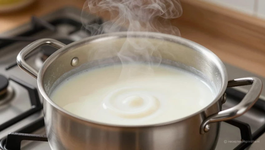 Kokosmelk warmt op in pan, zachte sfeer.