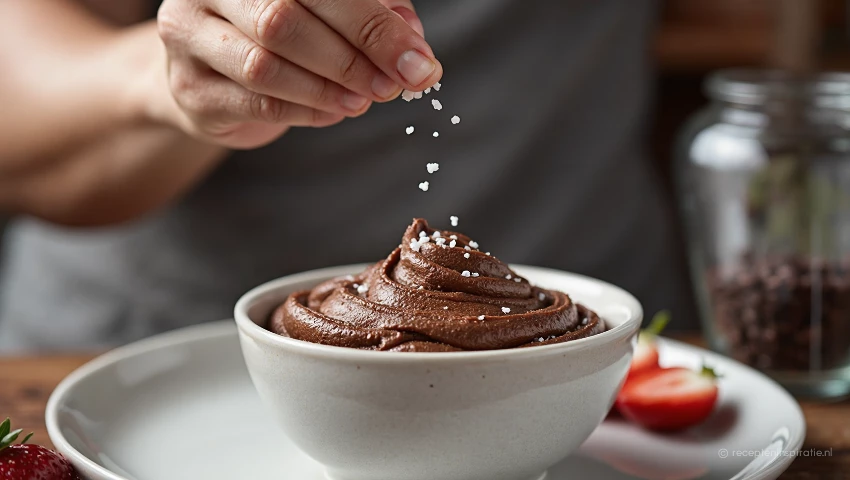 Hand bestrooit chocolademousse met zout.