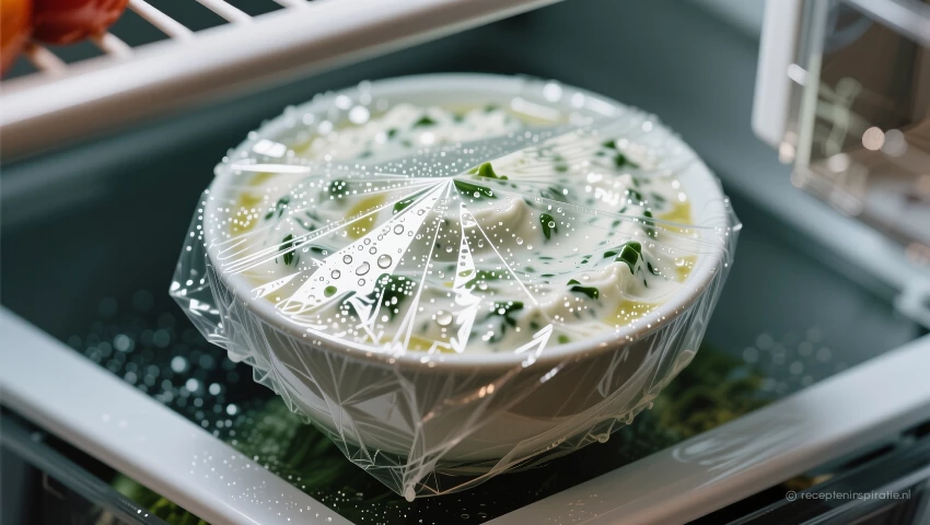 Detailopname van tzatziki in de koelkast.