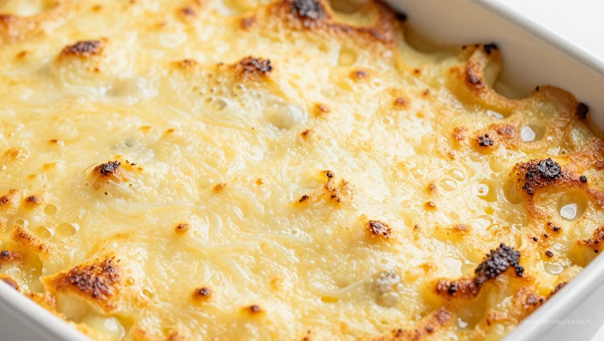 Bubbelende kaas en bechamelsaus op witloofgratin.