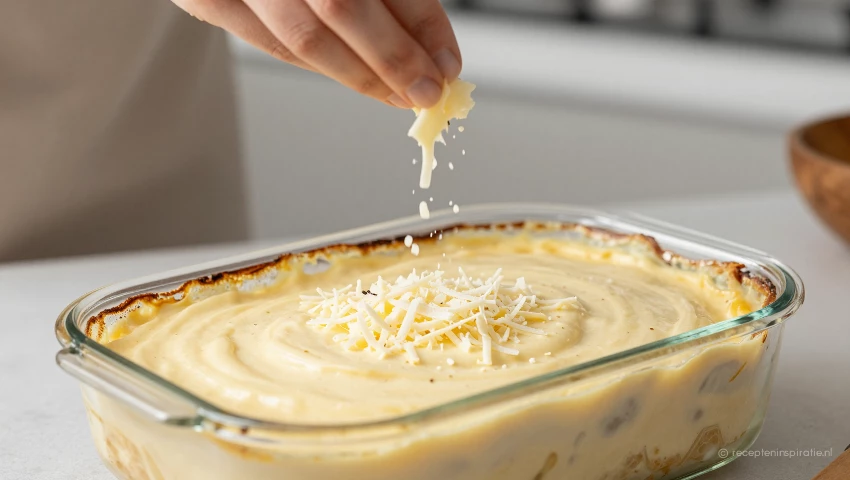 Geraspte kaas wordt over de witloofgratin gestrooid.