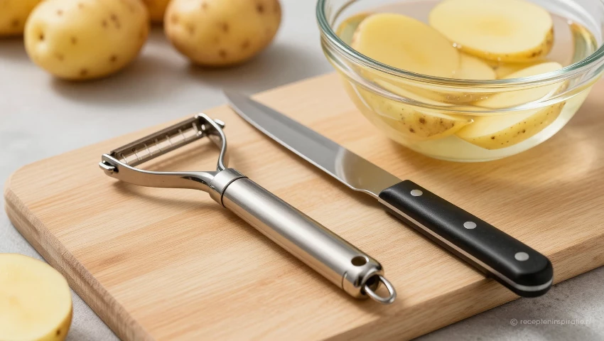Mes, schiller en aardappelen op een houten plank.