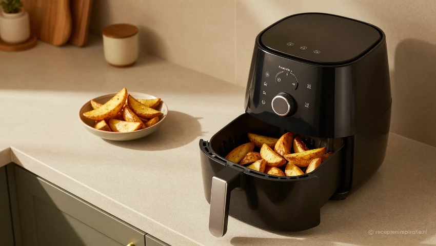 Overzicht van aardappelpartjes en een airfryer.