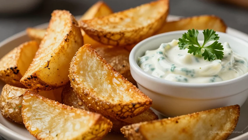 Dichtbij gefotografeerde aardappelpartjes met dip.