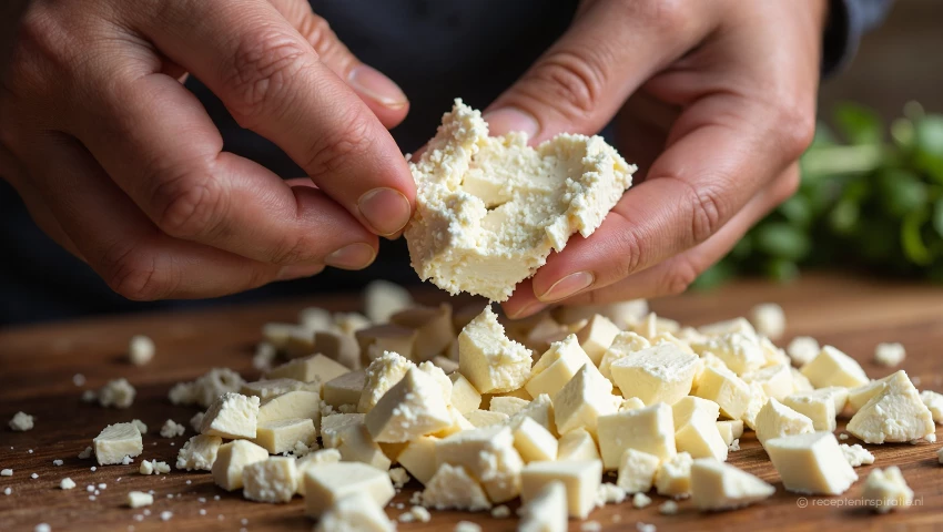 Feta kaas wordt verkruimeld met de hand.