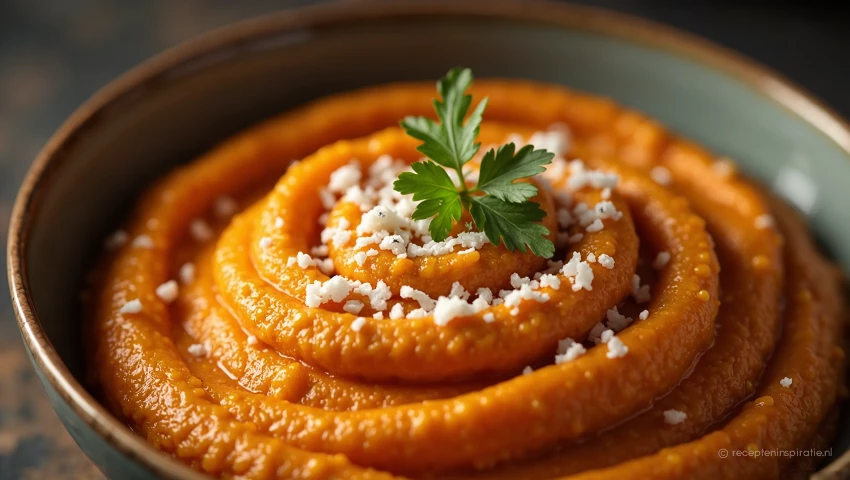 Zoete aardappelpuree gegarneerd met kokos en koriander.