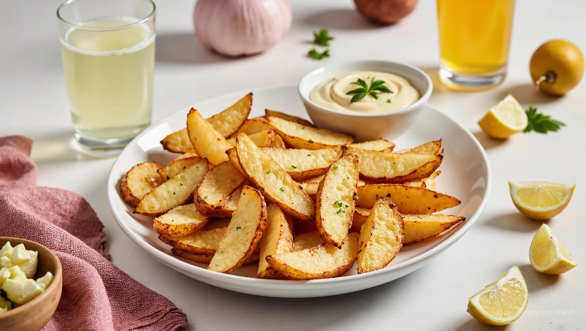 Aardappelpartjes en dip op een plank met snacks.