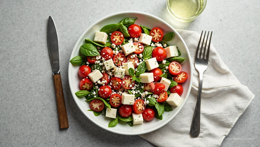 Salade op bord met bestek en garnering.