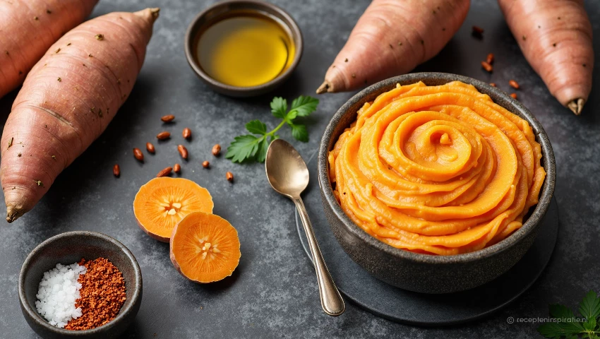 Ingrediënten voor het op smaak brengen van zoete aardappelpuree.