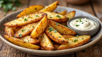 Aardappelpartjes geserveerd met knoflookdip.