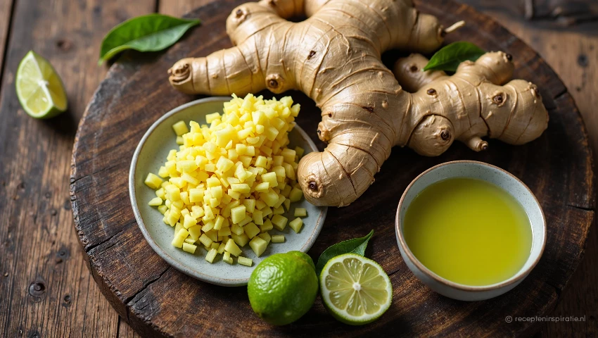 Geraspte gember en limoensap op een houten plank.