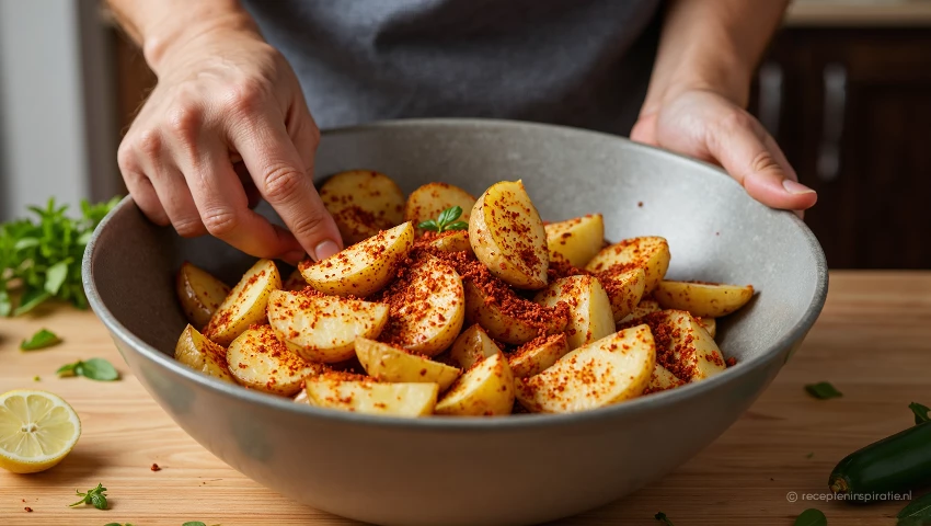 Aardappelpartjes worden gemengd met kruiden in een kom.