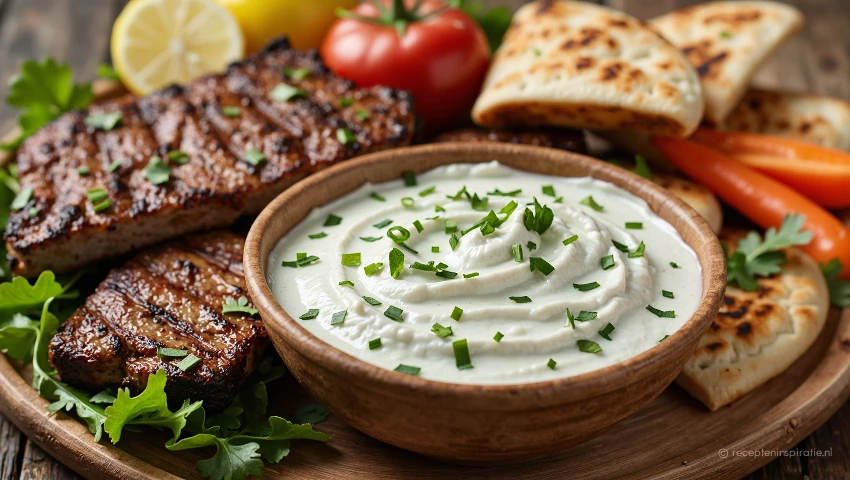 Tzatziki saus wordt geserveerd met gegrild vlees en pita.