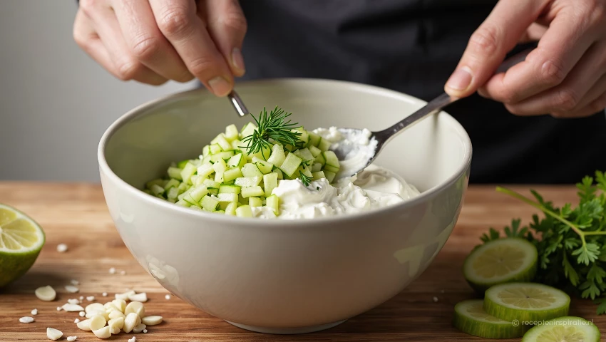 Yoghurt, komkommer, knoflook en dille worden gemengd.