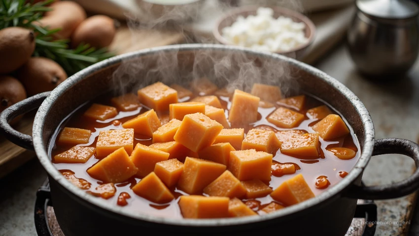 Zoete aardappelen koken in een grote pan.