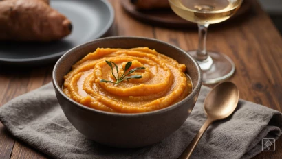 Een heerlijke kom zoete aardappelpuree, perfect voor een koude avond.