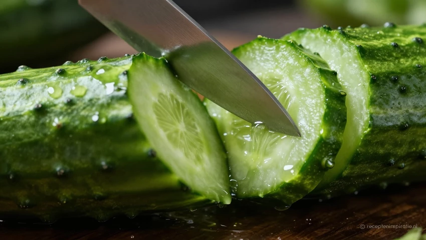 Detailopname van het snijden van een komkommer.