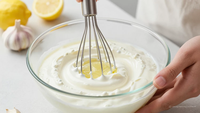 Knoflookdip wordt gemaakt in een kom.