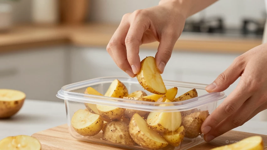 Iemand stopt aardappelpartjes in een bak.