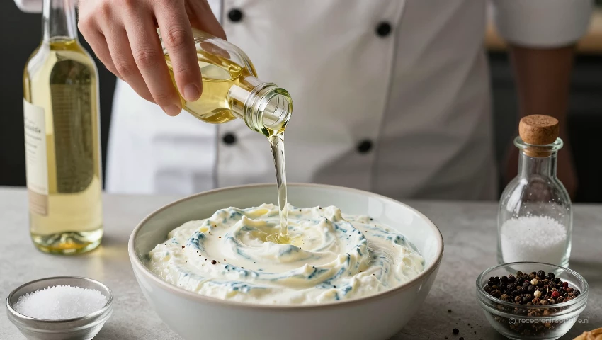 Witte wijnazijn, zout en peper worden aan tzatziki toegevoegd.