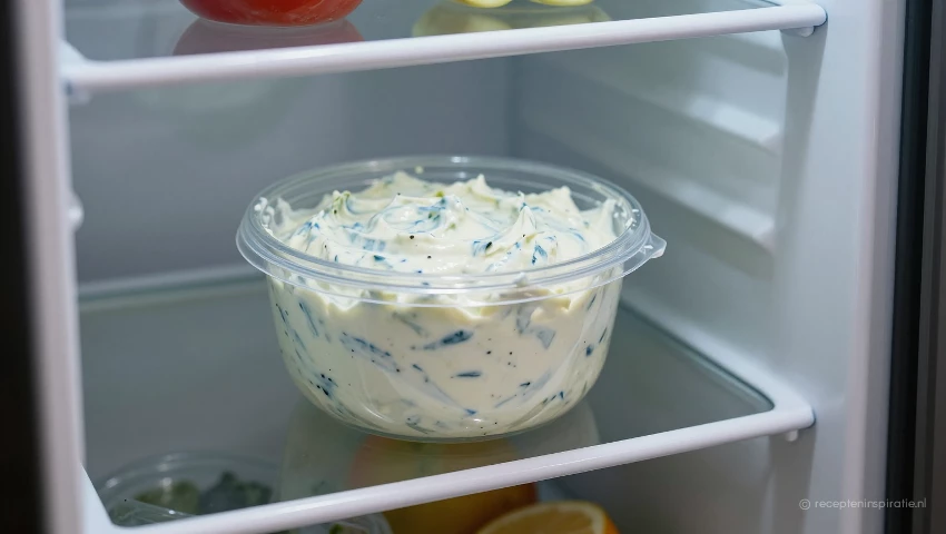 Keuken met een koelkast en tzatziki erin.