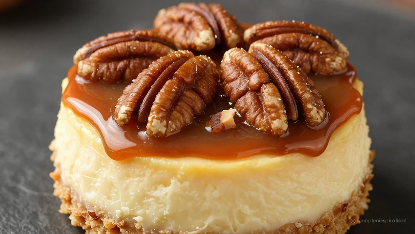 Close-up van een mini cheesecake met karamel en pecannoten.