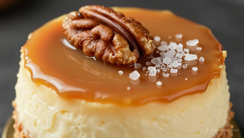Close-up van cheesecake met karamel, pecannoten en zeezout.