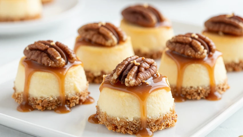 Cheesecakes worden gegarneerd met karamel en pecannoten.