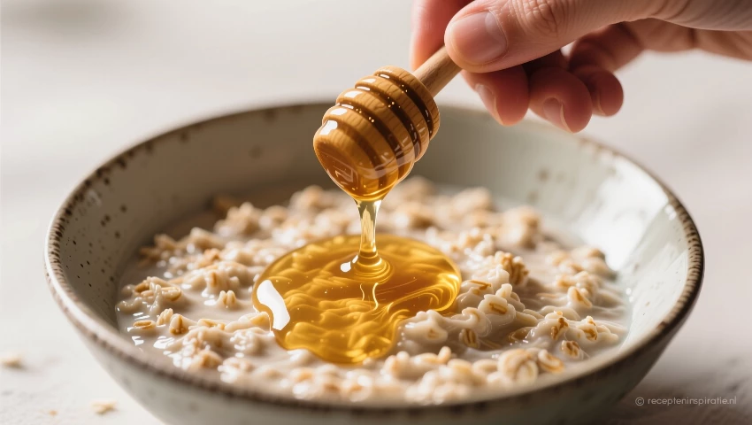 Een hand voegt honing toe aan overnight oats.