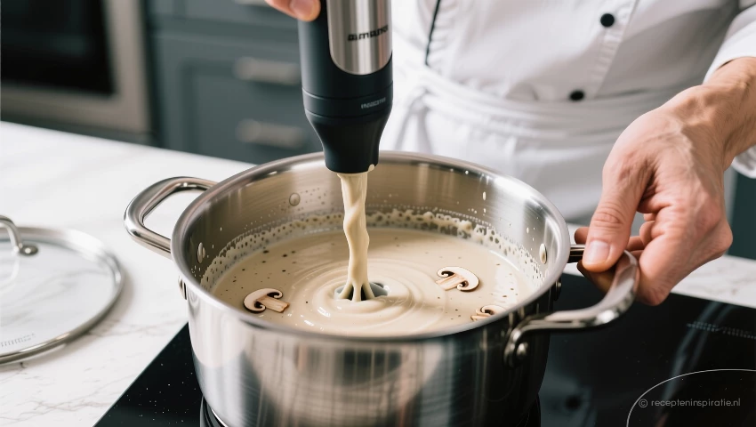 Soep wordt gepureerd met een staafmixer in een pan.