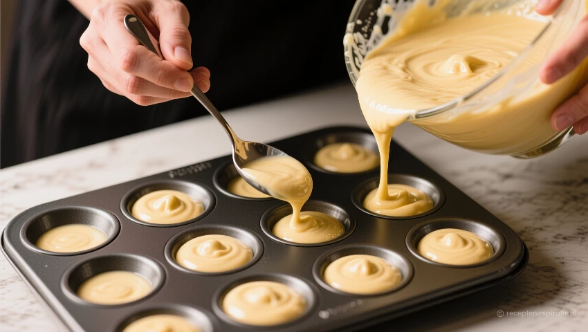 Beslag wordt in een bakvorm gevuld met een lepel.