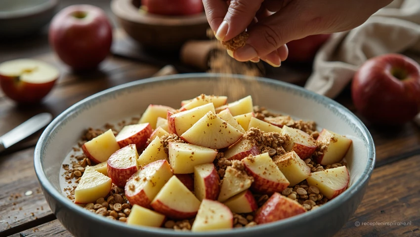 Appel en kaneel worden toegevoegd aan havermout mengsel.