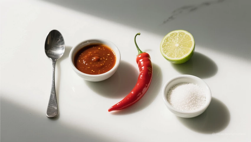 Ingrediënten en de saus in een minimalistische opstelling.