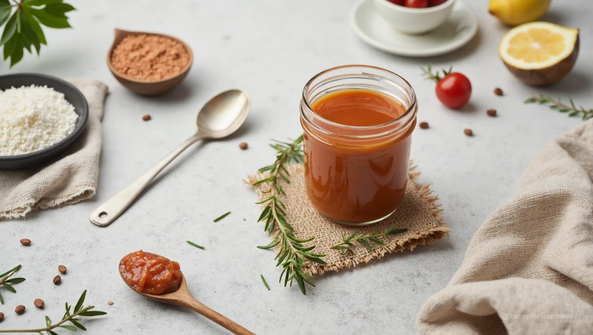 Minimalistische opstelling met de saus en ingrediënten.