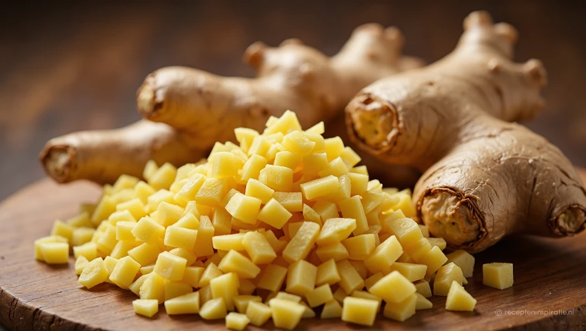 Geraspte gember in close-up, benadrukt de textuur.