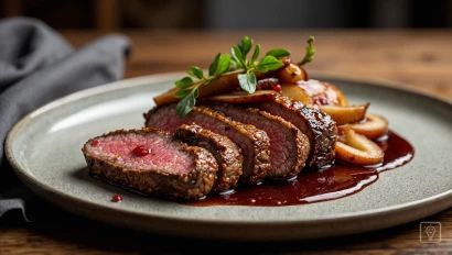 Close-up van een opgemaakt gerecht met hertenbiefstuk en saus.