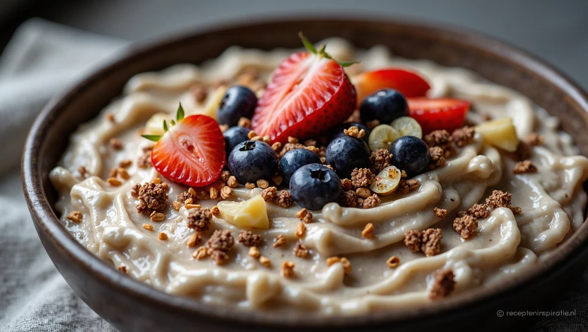 Dichtbij foto van een kom overnight oats.