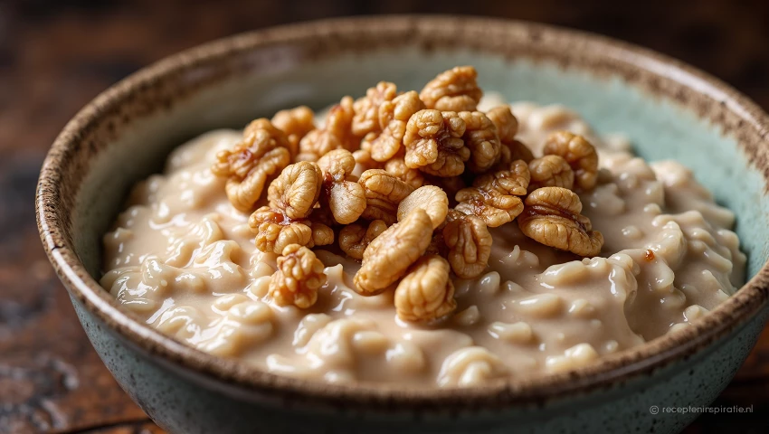 Dichtbij foto van walnoten op overnight oats.