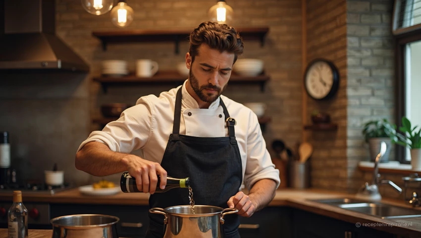Kok giet wijn in een pan in een gezellige keuken.