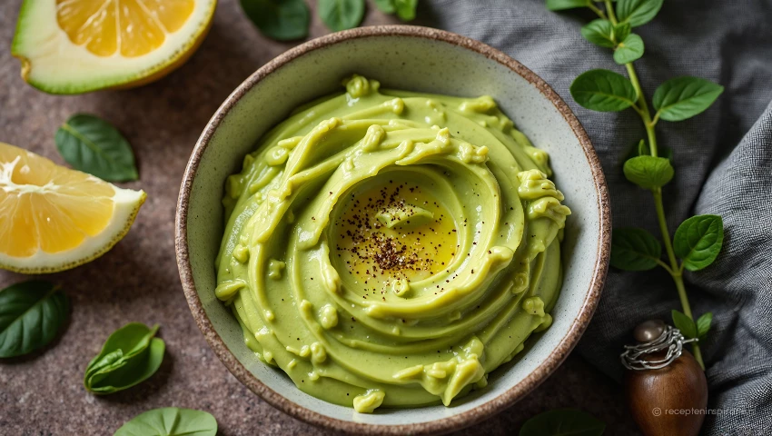 Kom met geprakte avocado, citroensap en peper.