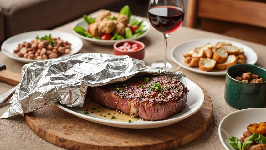 Gezellige eettafel met rustende hertenbiefstuk en rode wijn.