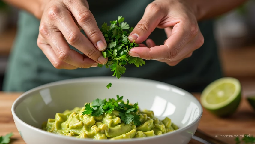 Verse koriander wordt toegevoegd aan avocado en limoen.