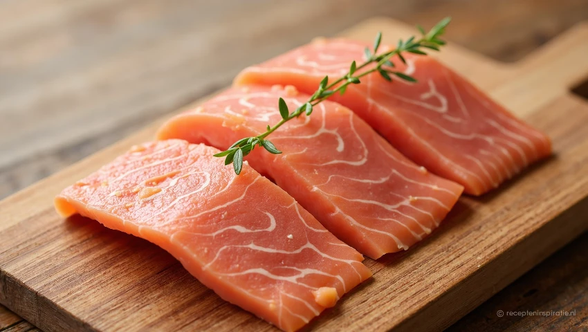 Dunne plakken gerookte zalm op een houten snijplank.