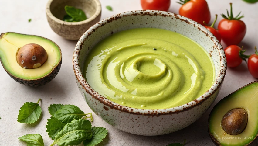 Avocado dressing met diverse ingrediënten.