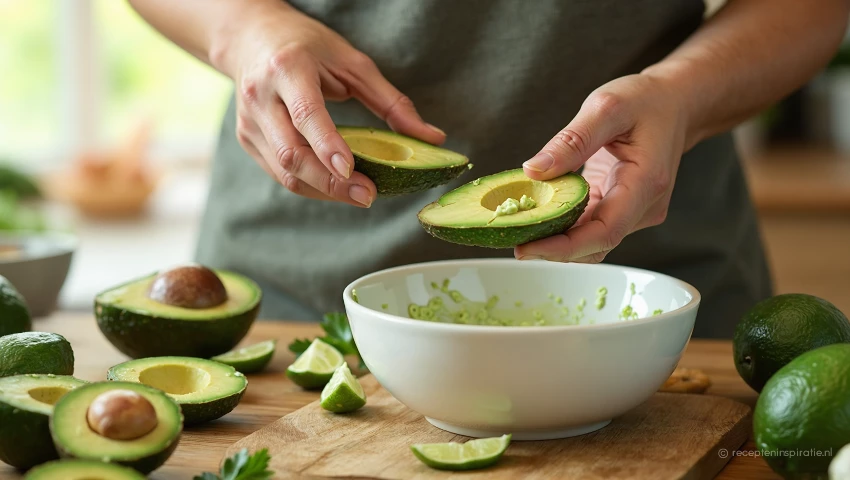 Avocado's worden voorbereid in een heldere keuken.