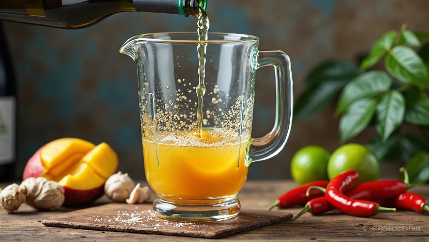 Witte wijnazijn wordt in de blender gegoten.